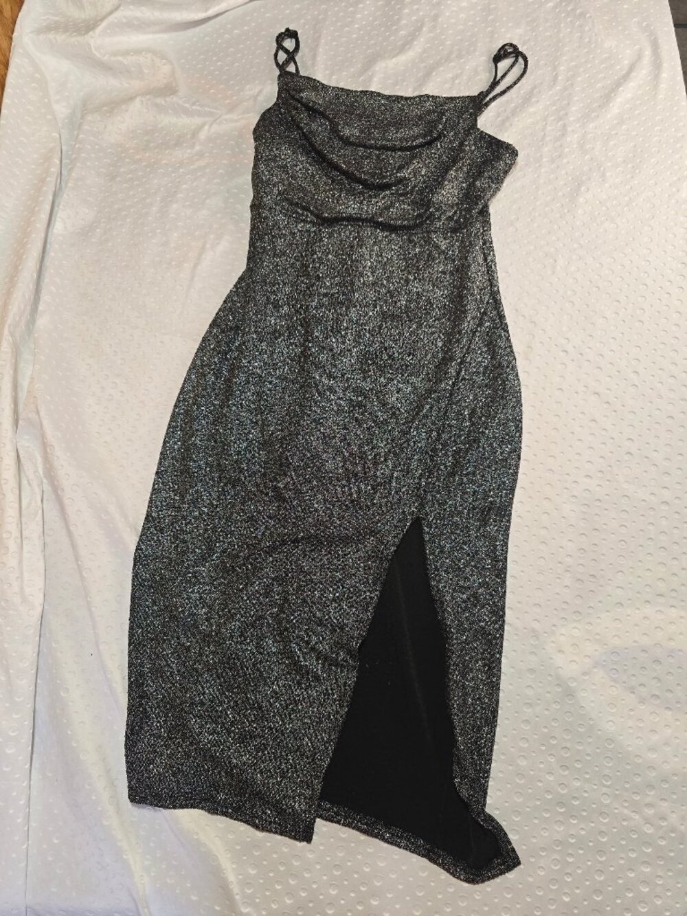 Charlotte Russe Black Glitter Midi Dress Size Large Spaghetti Straps Side Slit